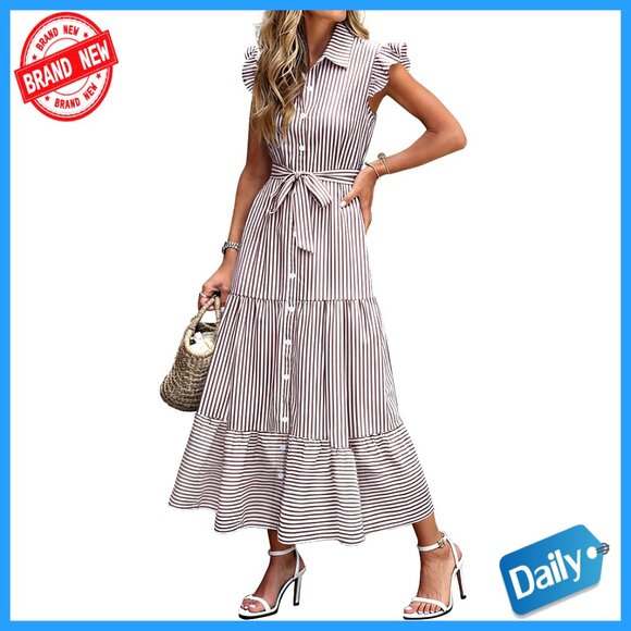 Dresses & Skirts - Ruffle Cap Sleeve Maxi Dress Button Down Striped Plaid Tie Waist Casual Chic